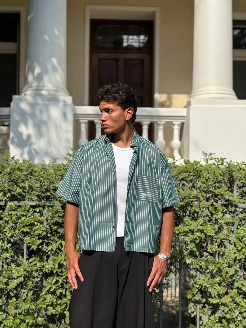 Box Fit Striped Green Shirt