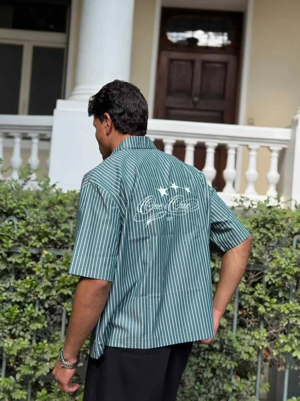 Box Fit Striped Green Shirt