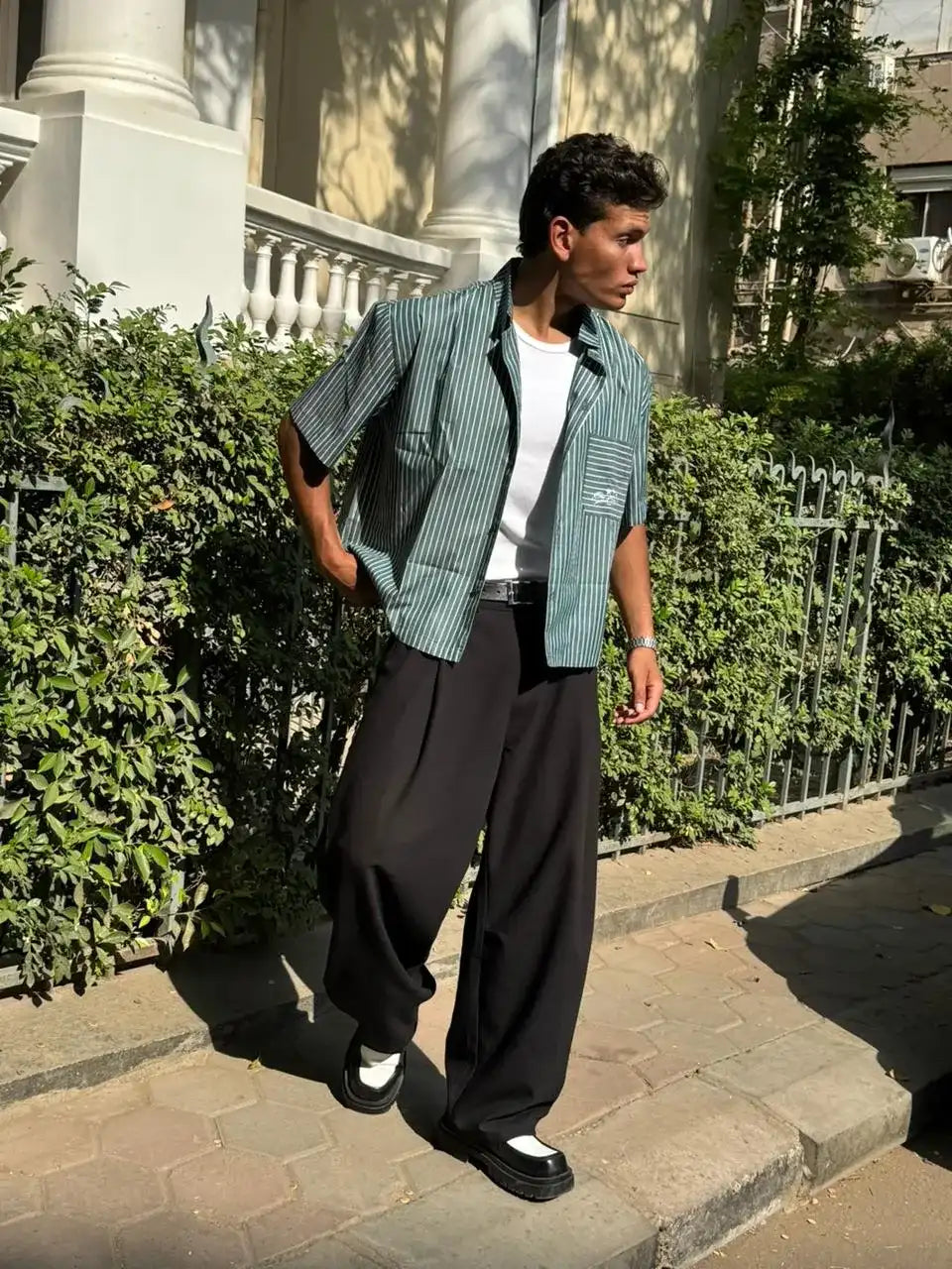 Box Fit Striped Green Shirt